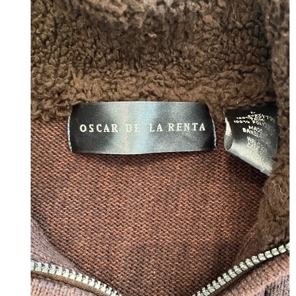 Oscar de la Renta Mens Quarter Zip Sweater Brown Ribbed Sherpa Large Cotton Knit
